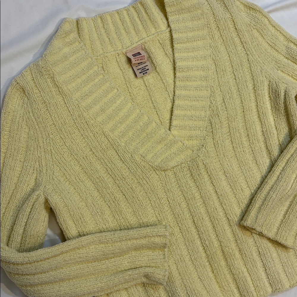 Y2K Butter Yellow + Metallic Gold V Neck Chunky Chenille Sweater, Faded Glory M